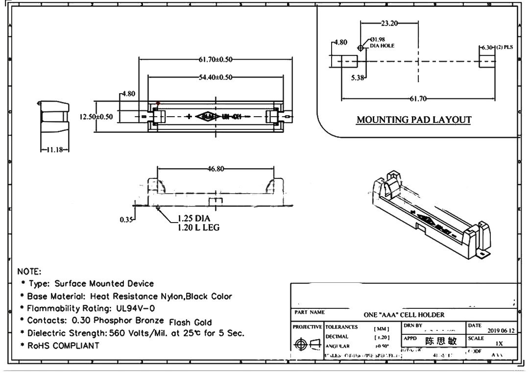 1/2 Slot AAA THM Durchgangsloch-Batteriehalter 7 # Batteriegehäuse mit Stiftkontakt, PA-Nylon, vergoldete Kontakte, DC 1,5 V, Batterie nicht enthalten – Detail 5