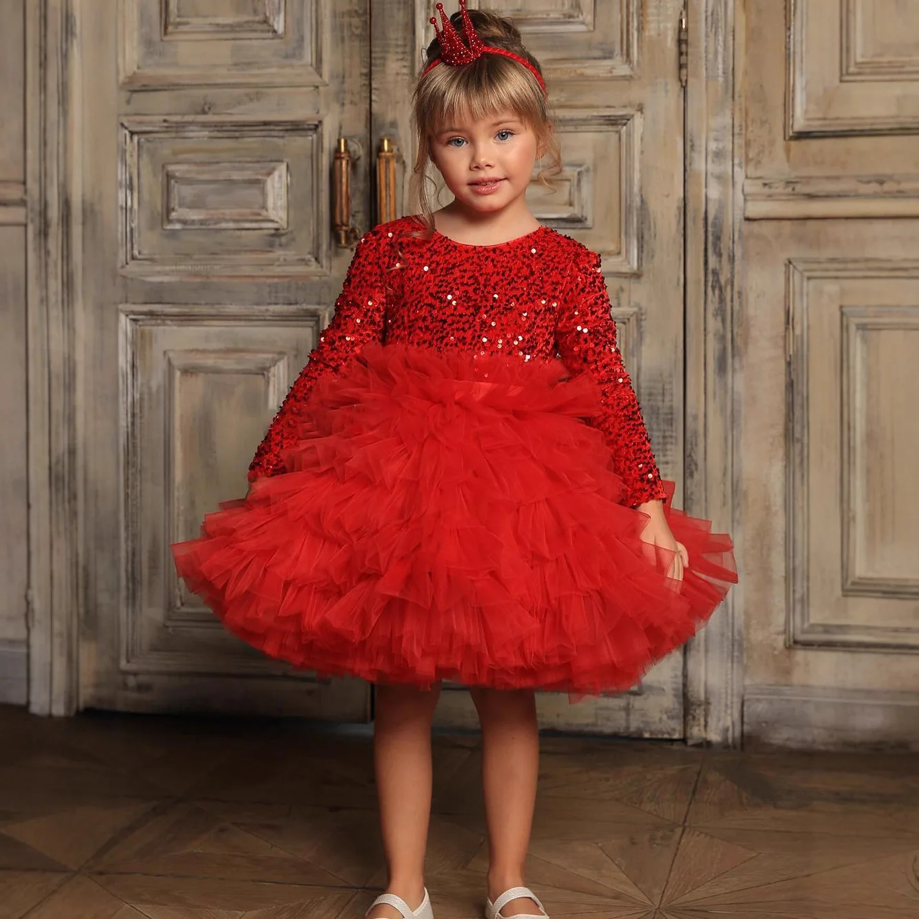 

Flower Girl Wedding Dresses New Red Princess Dress Bow Gowns Short Long Sleeve Sequin Graduation Evening Gown Tutu Customized