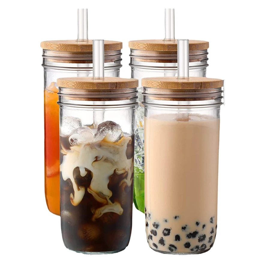 Tarro de cristal de 24oz, vasos para beber de boca ancha, tazas para batidos con tapas y pajitas de bambú, taza de café helado, vaso de viaje