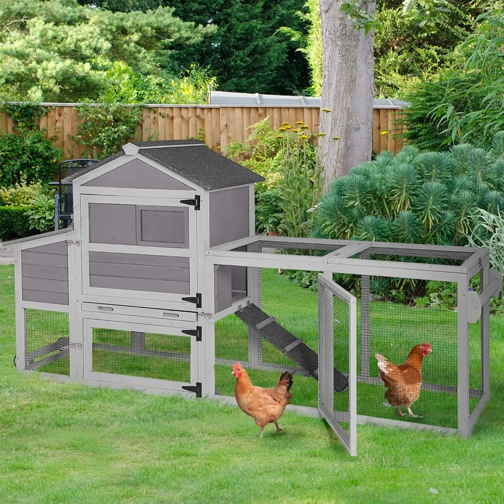 

Chicken Coop On Wheels Mobile Hen House Outdoor Wooden Poultry Cage with Run for 2-4 Chickens, UV Protection, Nesting Box, Pull