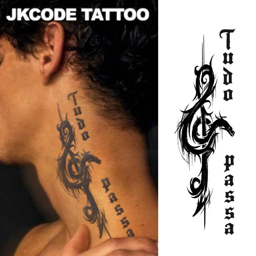 Diablo Gothic Dragon - Everything Passes - Herbal Temporary Tattoo Dark Music Note Cool Style Dragon Totem - Spanish Text Finger Sticker Graffiti Men's Style Warm Women's Style Hand and Neck Dual-Use Tattoo Sticker Long-Lasting Waterproof for 15 Days