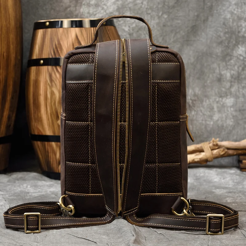 Vintage Genuine Leather Single Shoulder Bapack Chest Bag Dual Use Leather bags Men travel bag outdoor cowhide bags mini backpack