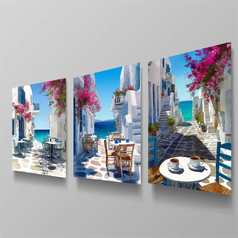 Retro Mittelmeer Griechenland Balkon Kaffee Poster Drucke Leinwandgemälde Küstenkunst für Wohnzimmer Heimdekoration