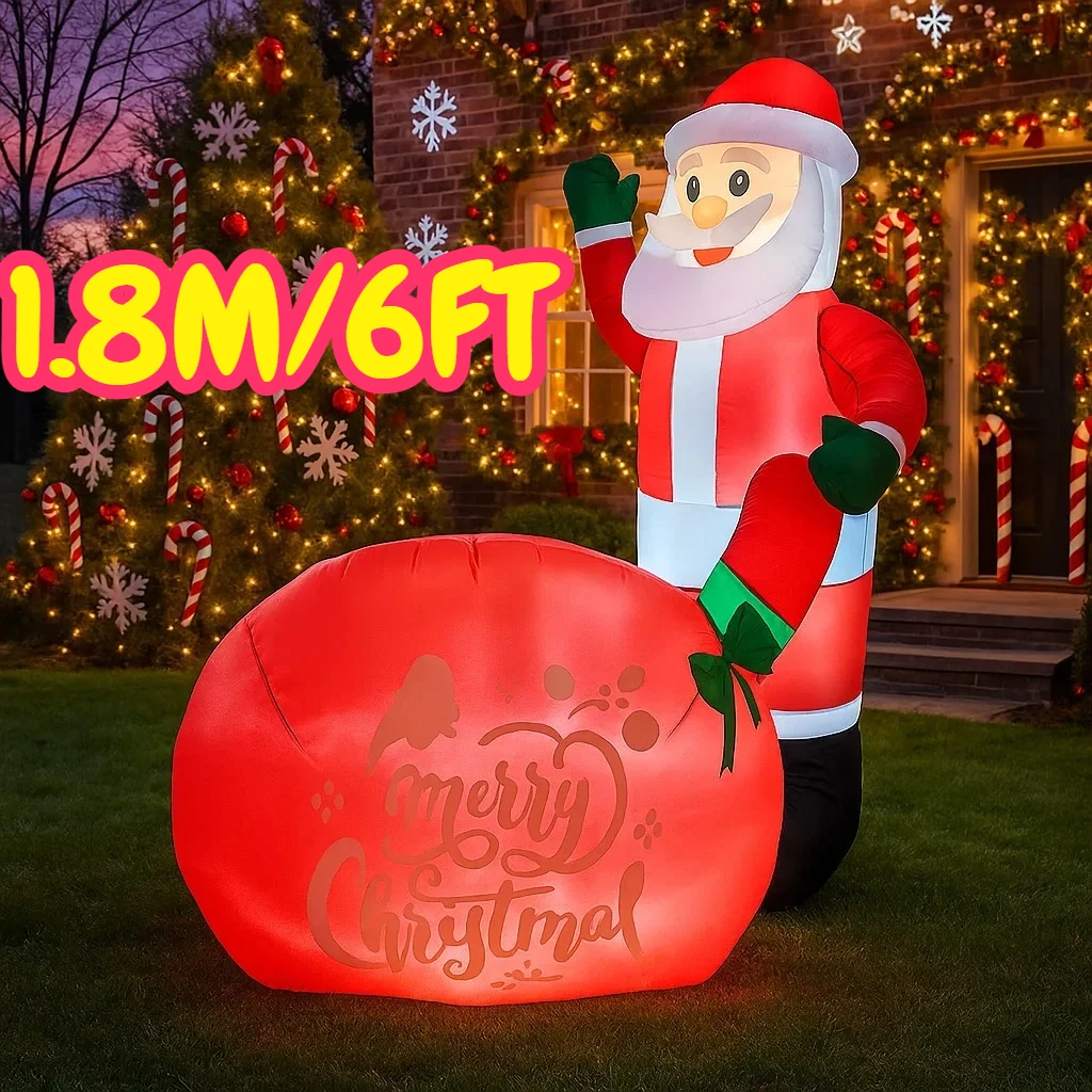 1,8 м/6 футов рождественские украшения надувная игрушка Санта-Клаус на подарочной сумке игрушки украшения для дома и двора со светодиодным декором Рождество на открытом воздухе