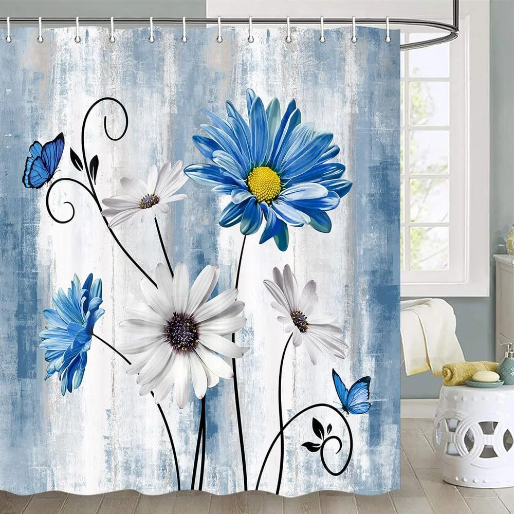 Blue white daisies flowers shower curtain polyester- With Hooks Waterproof Mildew Proof Easy Install Washable bathroom curtain