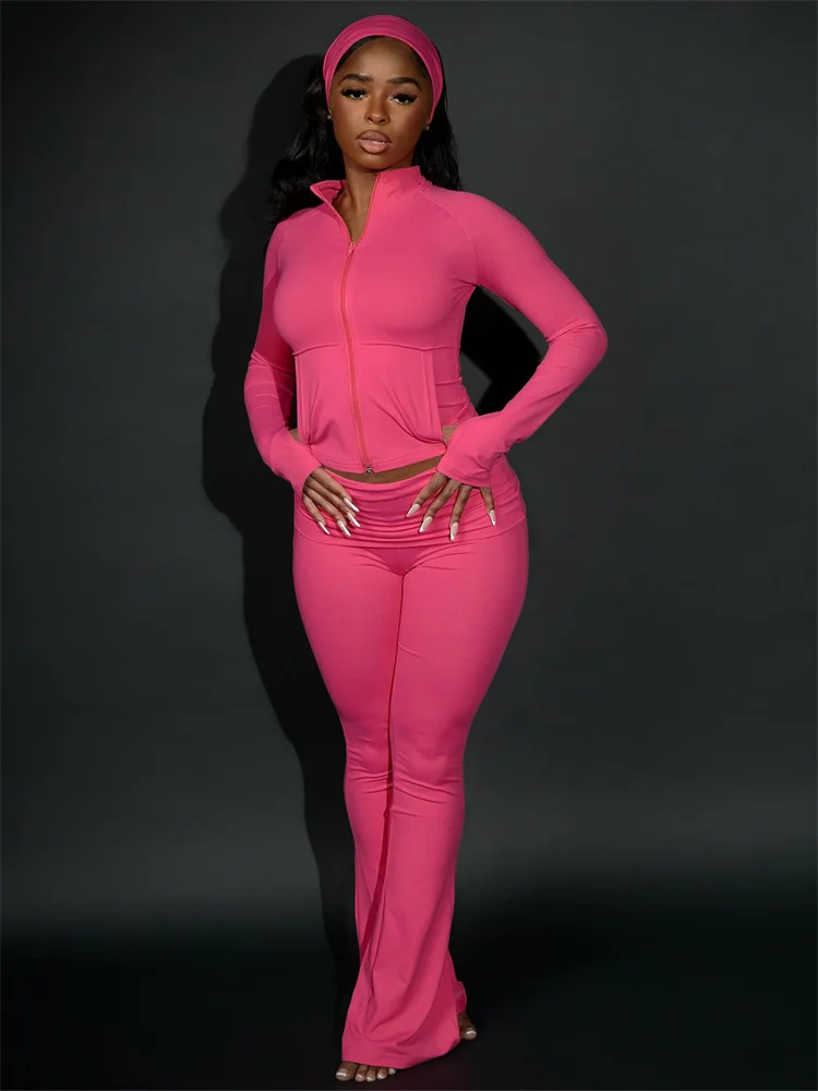 

Weird Puss Sexy Tracksuits 3-Piece Set Women Zip Pocket Jacket+Folded Waist Pants+Headband Matching Casual Simple Sporty Outfits