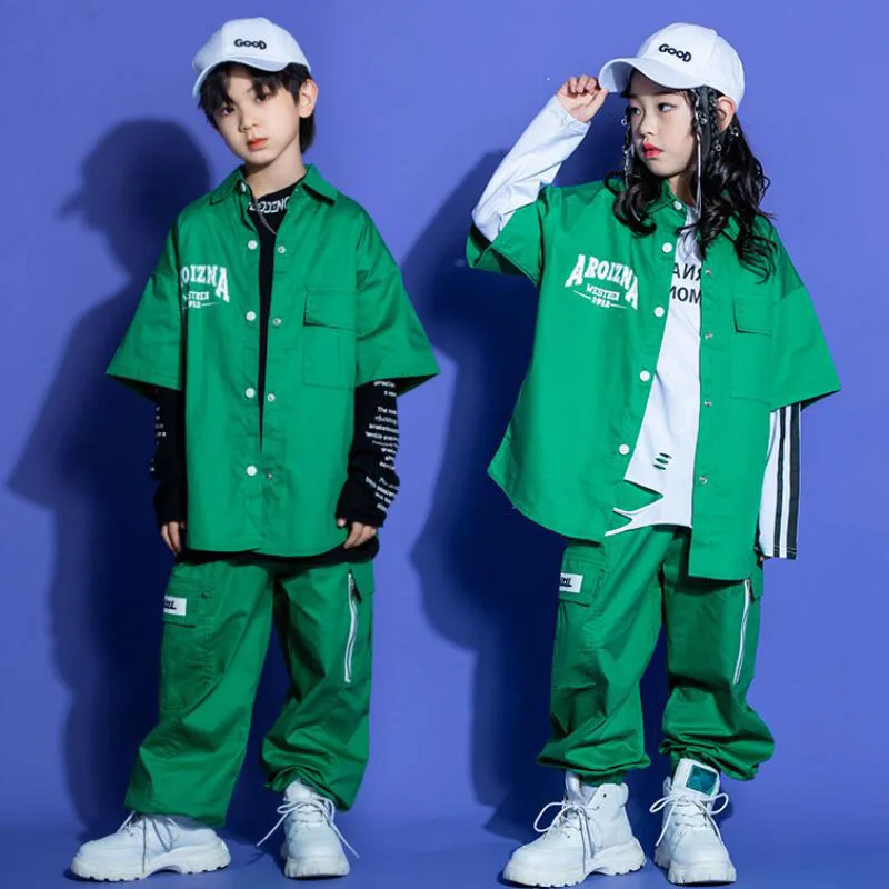 Bambini che mostrano vestito Hip Hop abbigliamento camicia verde giacca tattica Cargo Joggers pantaloni per ragazza ragazzo Jazz Dance Costume vestiti