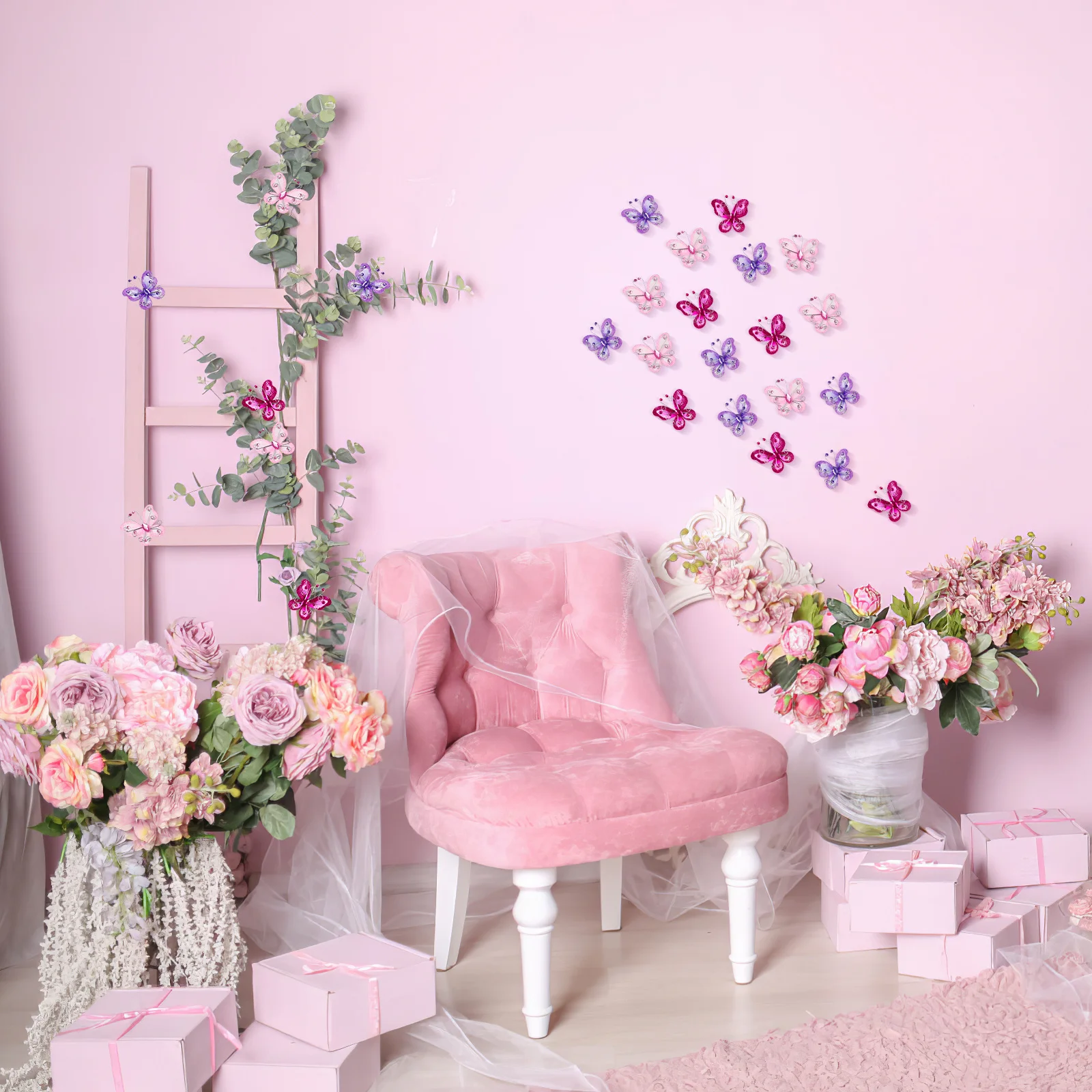 

36pcs Water Rhinestone Organza Butterflies Decor Set Diy Wedding Home Party Crafts Storage Container Accessories Fake Wall