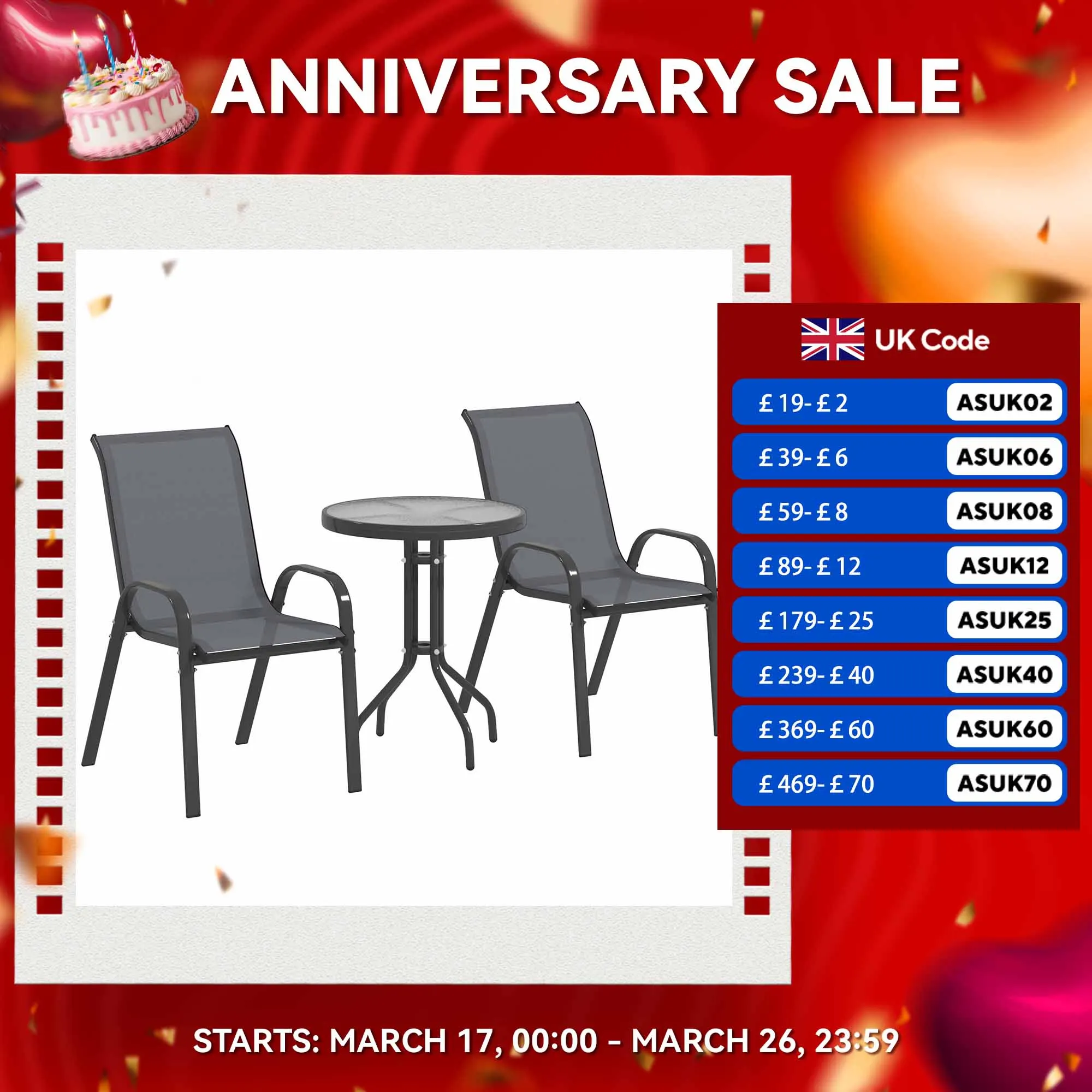 Outsunny 3 Pieces Garden Bistro Set, Metal Garden Furniture Set with Stackable Chairs and Glass Table, High Back Small Patio Set