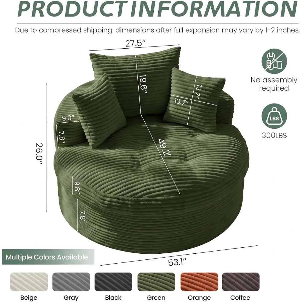Oversized Round Chaise Lounge Chair, Deep Seat Corduroy Floor Sofa with 3 Pillows, No Assembly