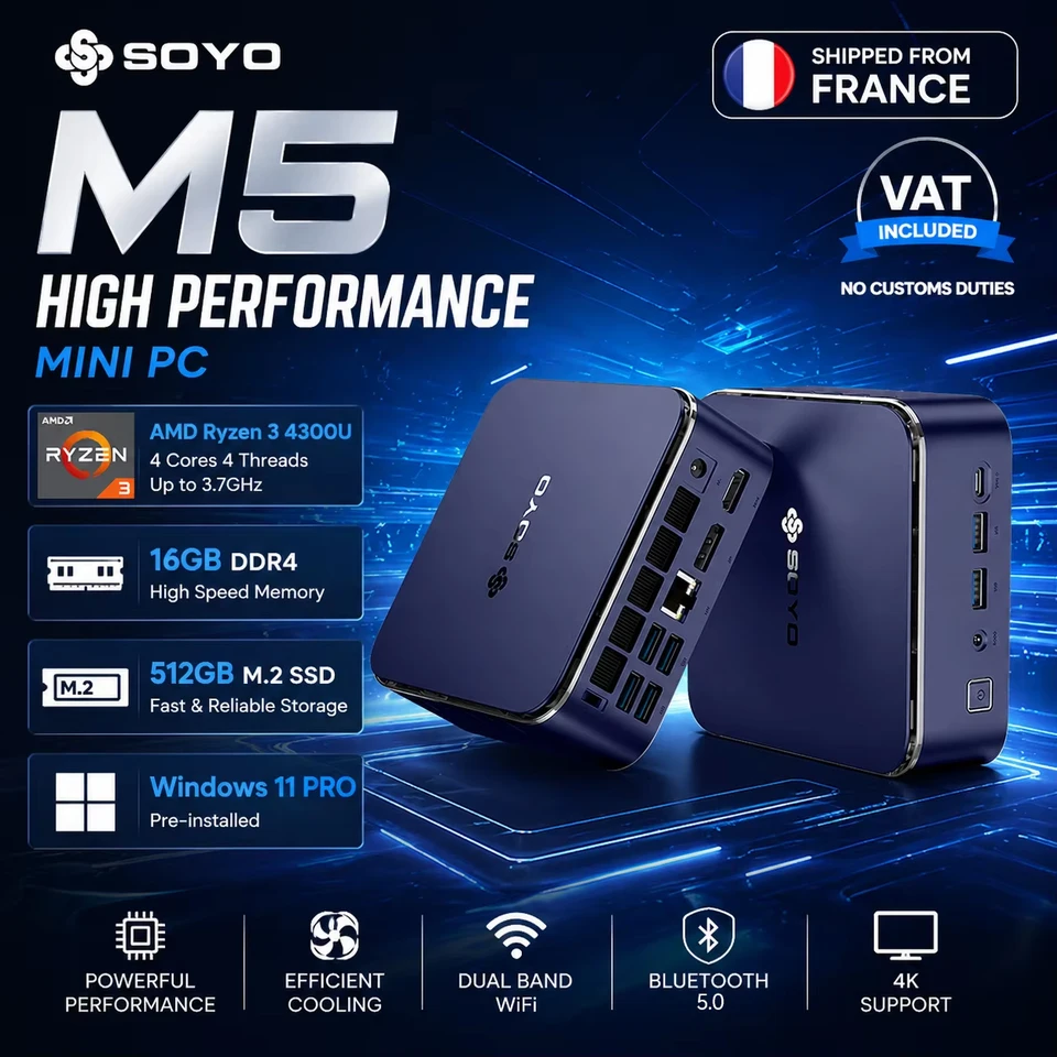 SOYO M5 Mini PC AMD Ryzen 3 4300U LPDDR4 16GB RAM 512GB ROM M.2