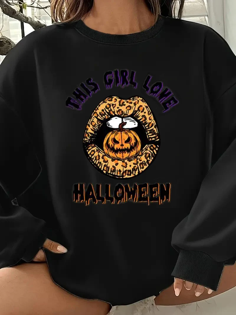 

Halloweenlip Print pumpkin Print pullover, women's casual long sleeve crew neck hoodie, suitable for fall and winter ladies tops