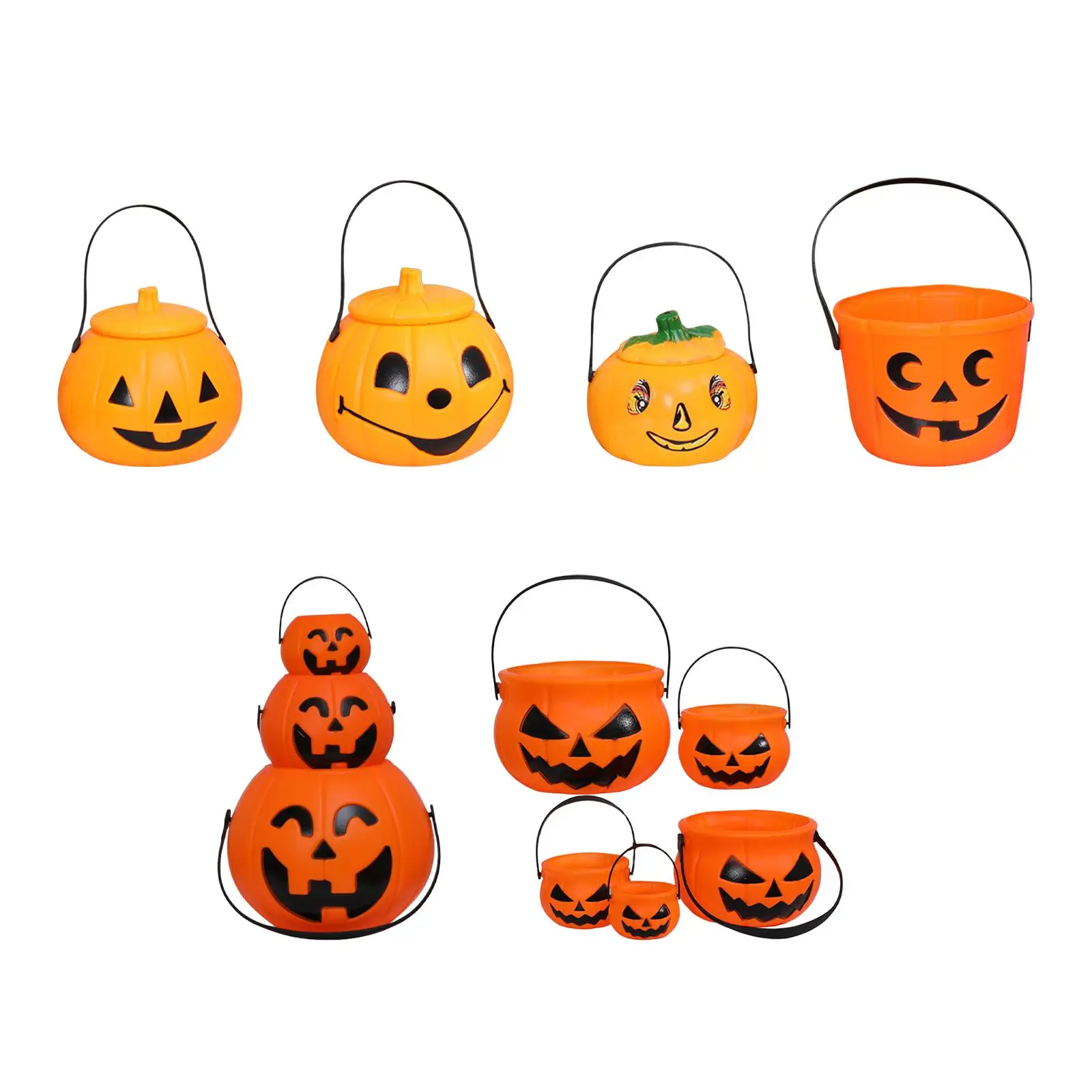 Plastic Pumpkin Candy Bucket Portable Trick or Treat Holder for Halloween Party Supplies Birthday Favor Gift Container