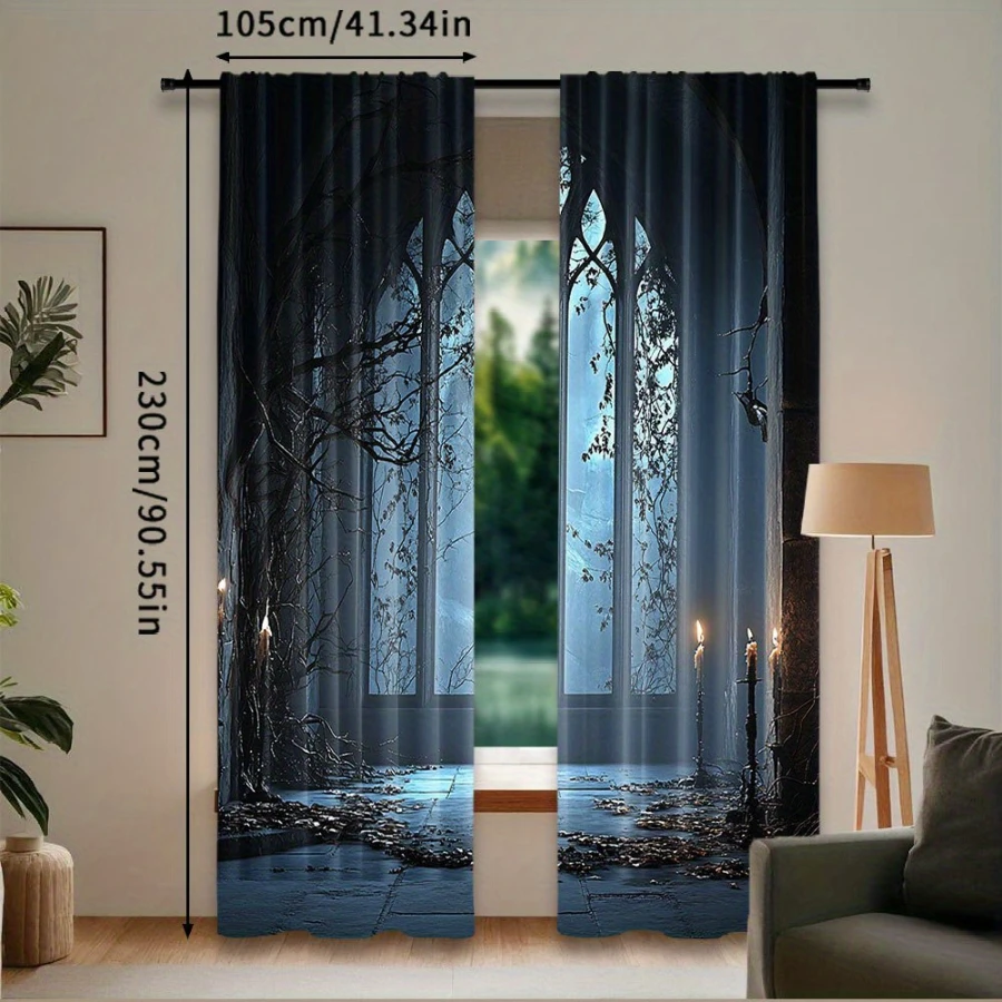 2PCS Digital Printed Curtains, Gothic Cathedral Arch Window Branches Candles, Dark Medieval Castle Hall Window Decor Room