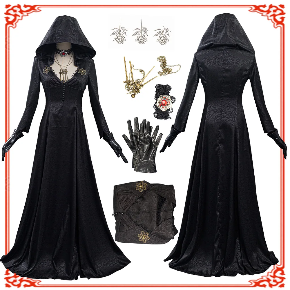 

Lady Dimitrescu Vampire Cosplay Costume Moth Lady Resident Village Black Dress Halloween Carnival Party Suit Women Fantasia