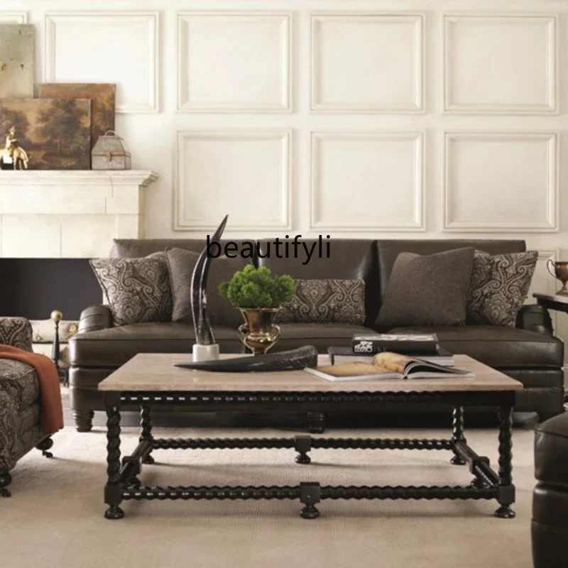 

LXAmerican Retro Distressed Square Coffee Table Side Table Living Room Solid Wood Carved Modern Minimalist Coffee Log