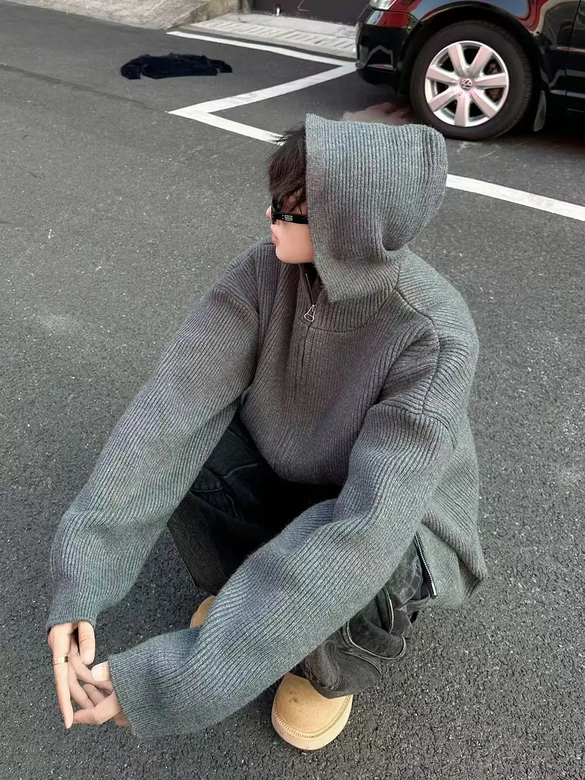 

ay Hooded Open Cardigan Sweater Men's Autumn Vintage High-End Loose Knitted Outerwear Casual Polyester Fiber Non-Sinkage