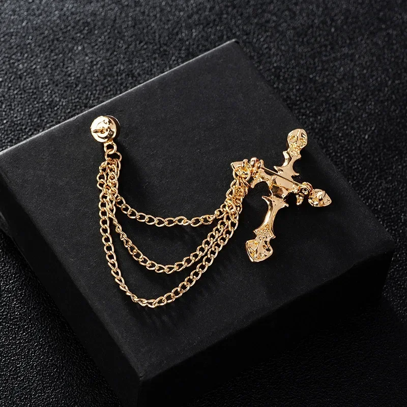 Korean New High-end Metal Cross Brooch Crystal Rhinestone Tassel Chain Lapel Pin Fashion Men\'s Suit Badge for Women Accessories