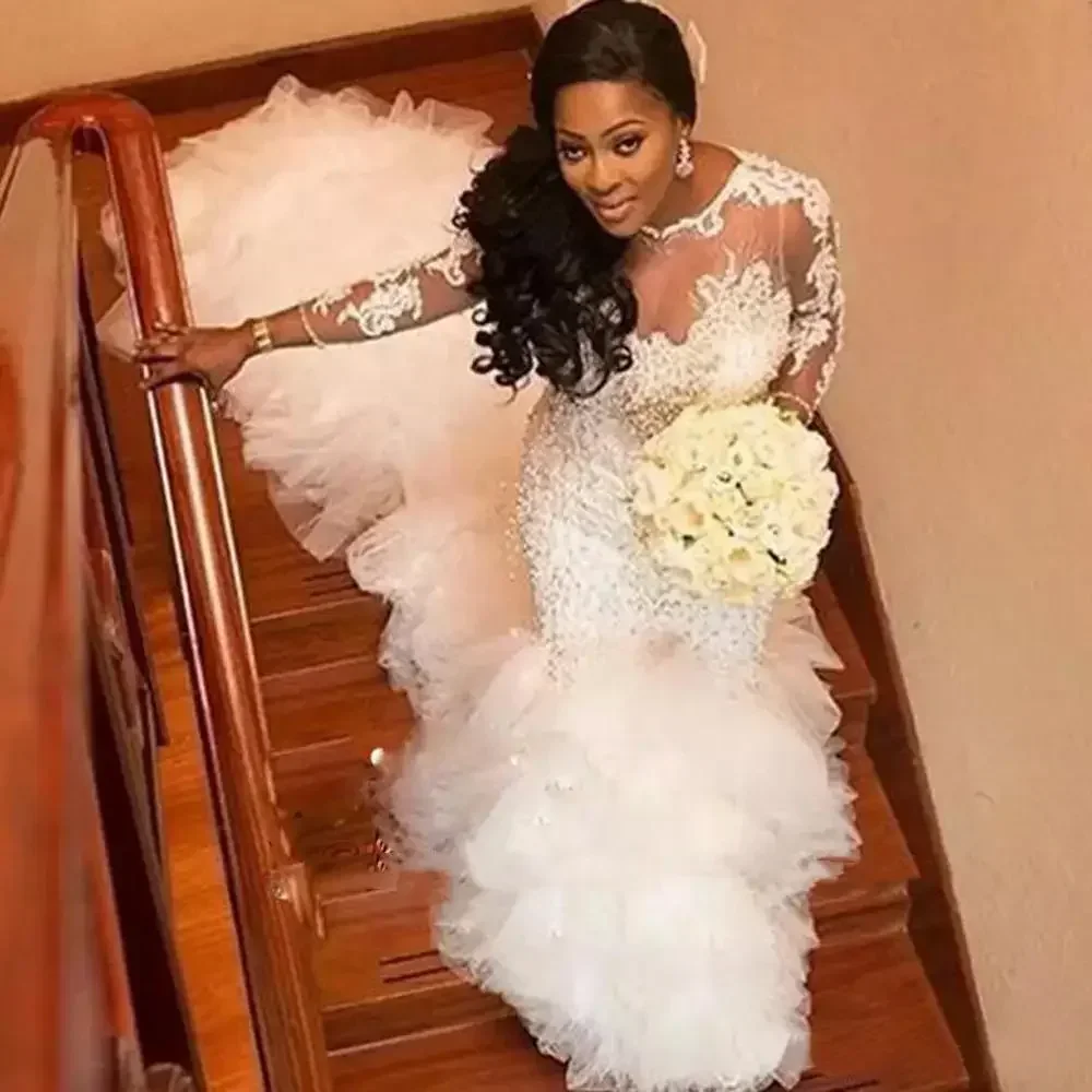 

Customized Mermaid Wedding Dresses Illusion Long Sleeves Appliques Lace Beaded African Long Train Bridal Wedding Gowns
