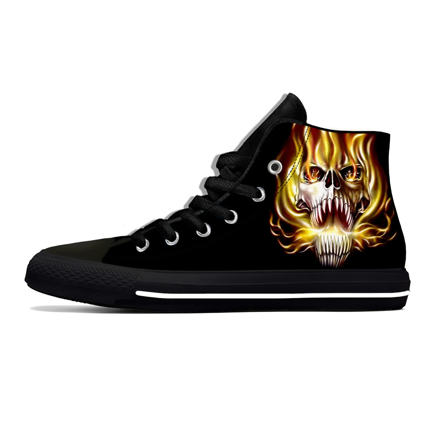 Hot Anime Cartoon Skull Sketelon Fire Flame Flaming Casual Shoes High Top Lightweight Breathable Board Shoes Men Women Sneakers