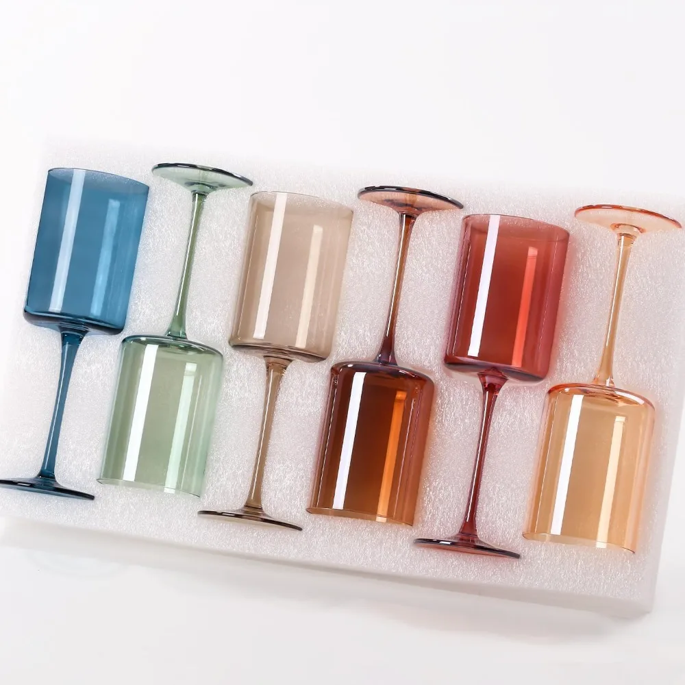

Set of 6 Handcrafted 14oz Multicolor Crystal Stemmed Wine Glasses - Vibrant Hued Glassware for Unique Gifts