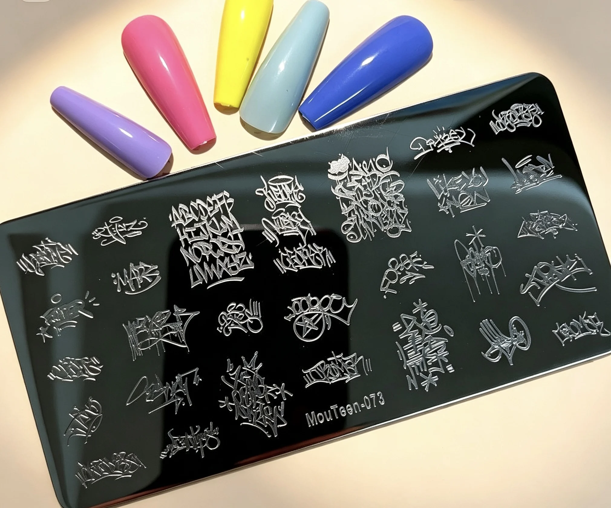 

MouTeen073 Graffiti Letter Nail Stamping Plate Street Style Text Tag Design Nail Art Transfer Template DIY Nail Stamp Tool