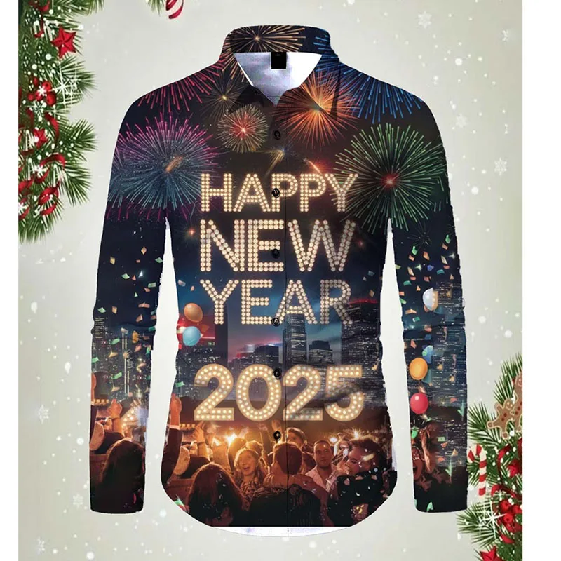 2025 Happy New Year Shirt Men's Festival Popular Clothing Long Sleeve Button Shirts 3D Print Colorful Fireworks Cool New Blouse