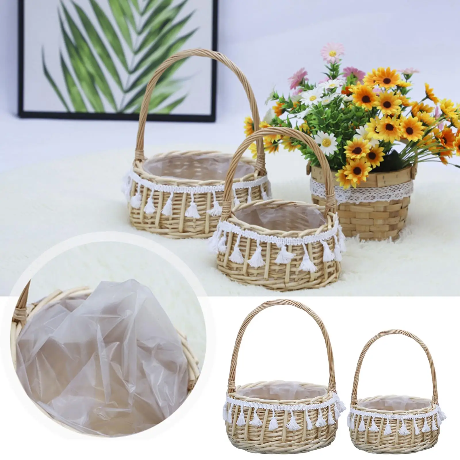 Storage Basket, with Handles, Bamboo Woven Plant Pot, Easter Basket, Natural