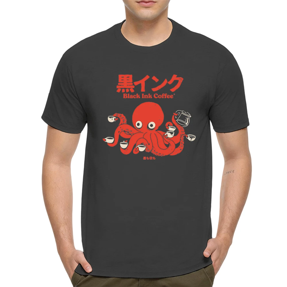 Mens 100% Cotton T Shirt Japanese Octopus Holding Coffee Cups Retro Print Breathable Short Sleeve Casual Daily Tee
