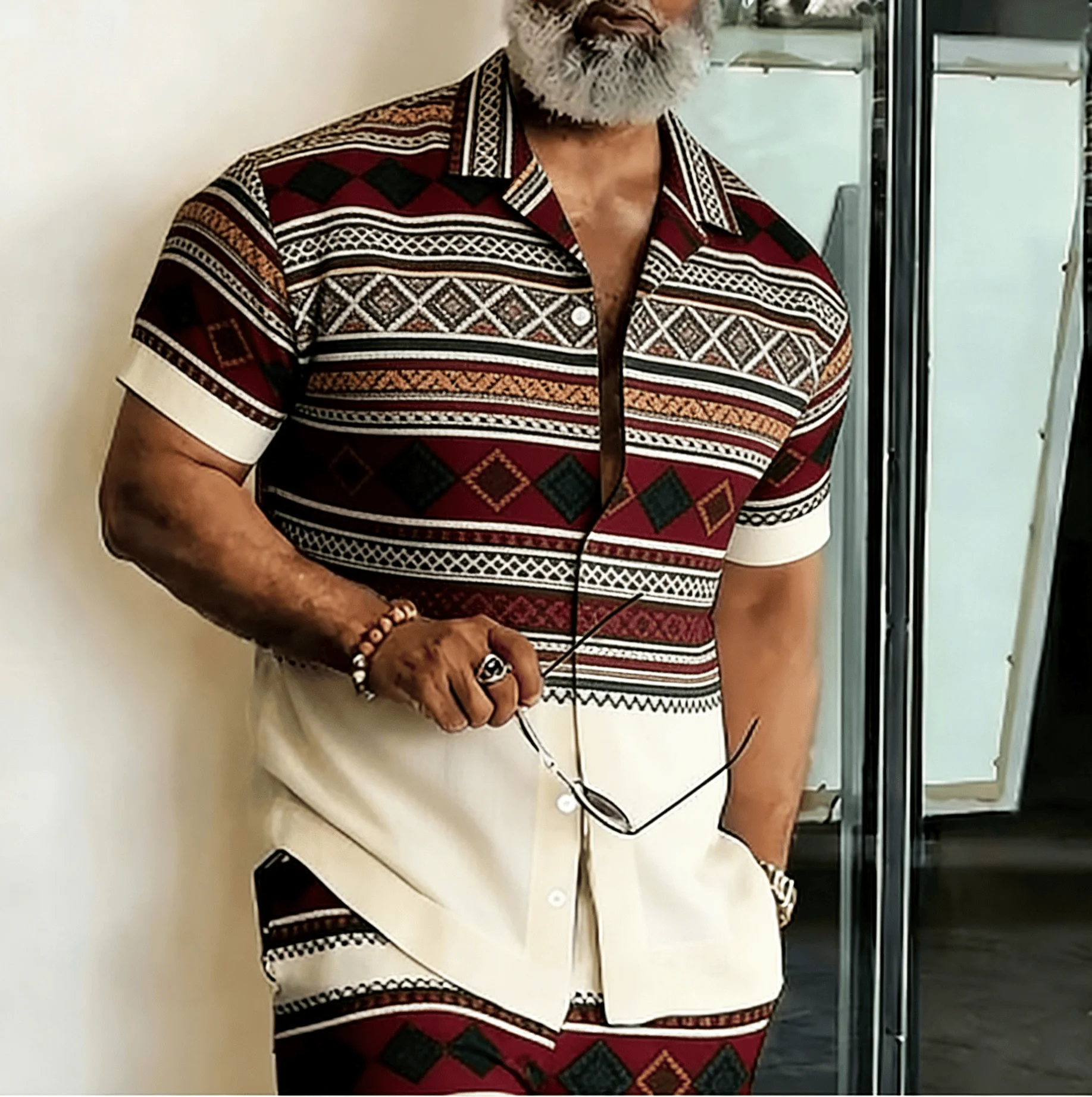 

Men's Ethnic Geometric Stripe Patchwork Short Sleeve Shirt, Spring Summer Bohemian Blouse, Loose Casual Top