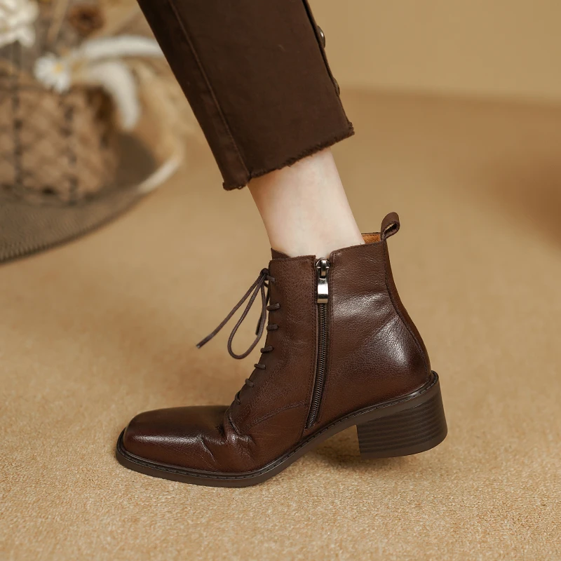 2023 New Women Boots Ankle Boots Thick High Heels Genuine Leather Shoes Woman Mature Office Lady Autumn Winter Lace-up Shoes