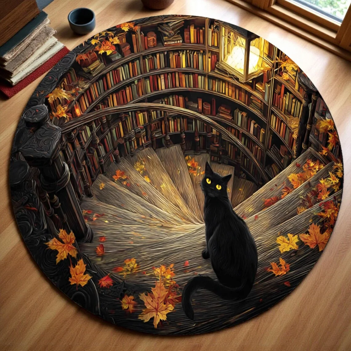 3D Black Cat Optical Illusion Round Carpet Gothic Floor Mat for Living Room Bedroom Spooky Home Decor Rug