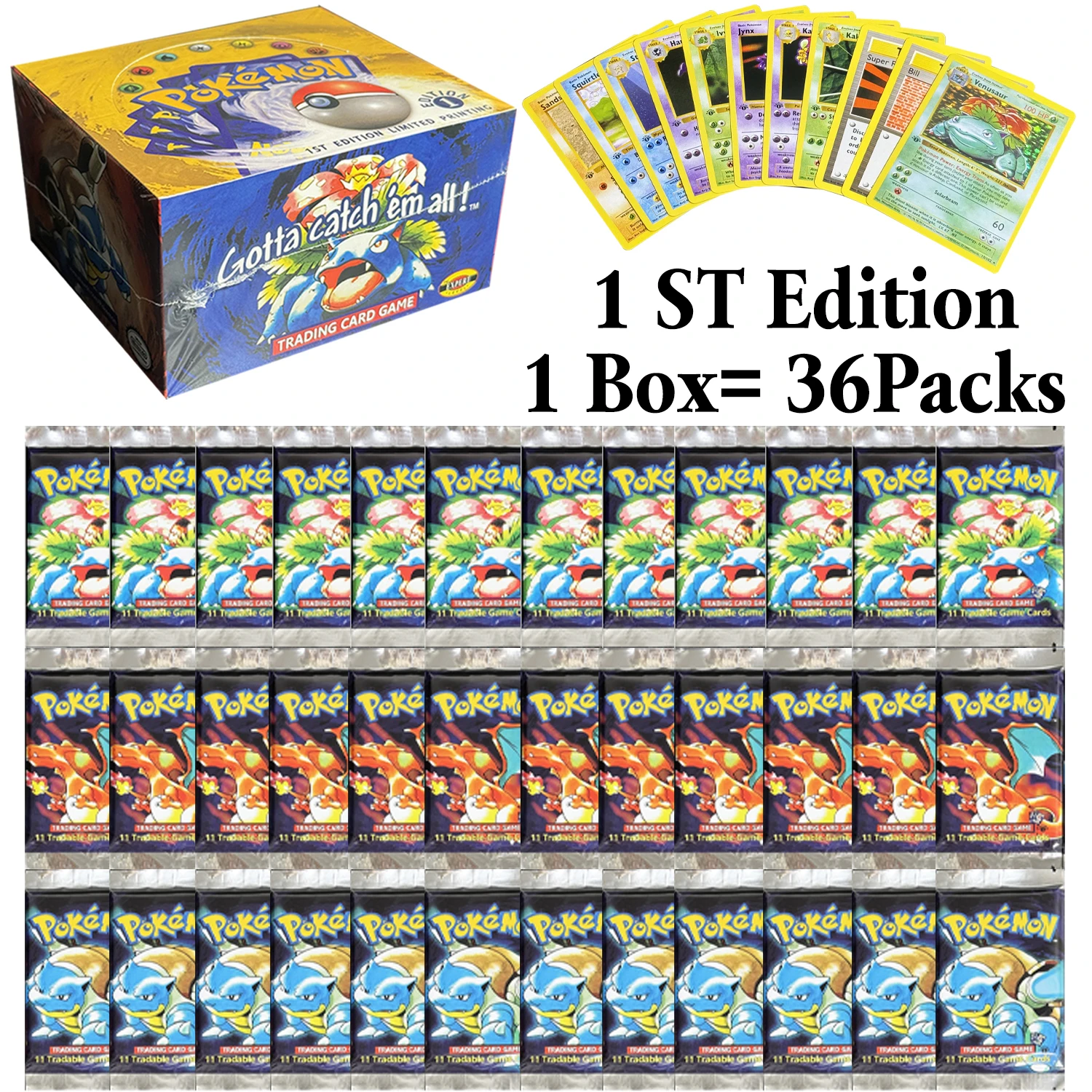 

PKM 1STEdition 36Packs/Box Classic Base Set Battle Booster Proxy PTCG Game Card Whole Set Charizrd Blastoise Venusaur Collection