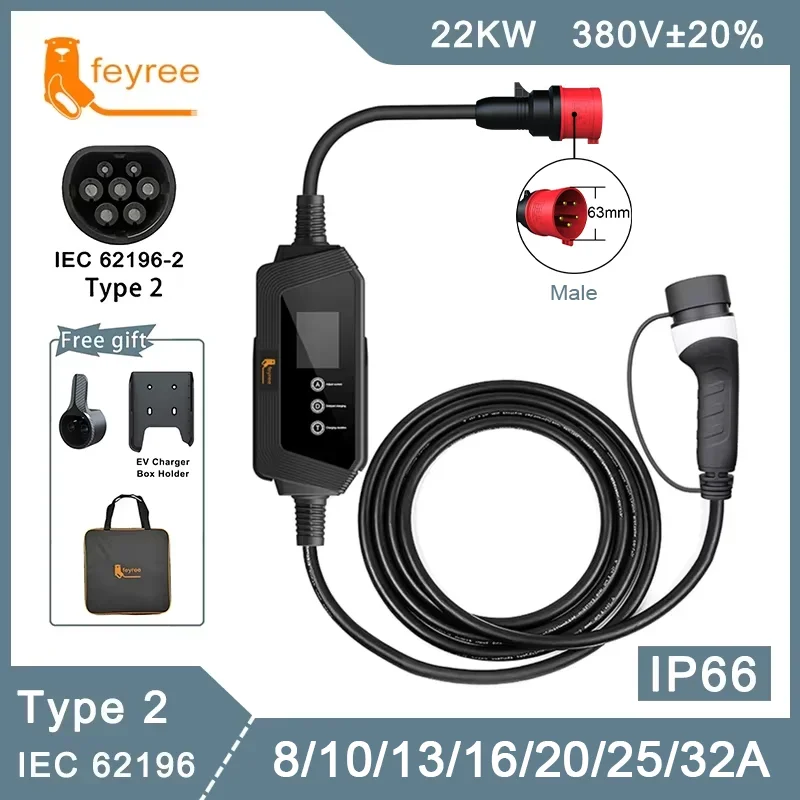 feyree Type2 Portable EV Charger 22KW 32A 3Phase EV Charger EVSE Charging Box 5m Cable with Socket IEC62196-2 for Electric Car