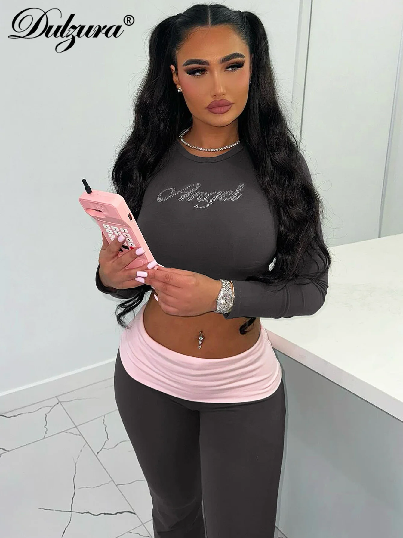 Dulzura Seksowny damski 2-częściowy zestaw spodni z długim rękawem i nadrukiem Bodycon Crop Top i spodnie Flare Dopasowany zestaw Streetwear