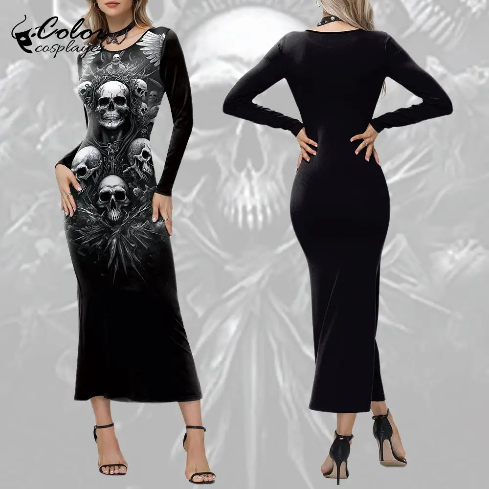 

Color Cosplayer Black Halloween Dress Long Sleeved Gothic Gown Skull Pattern Witch Wizard Cosplay Costume Party Carnival Outfit