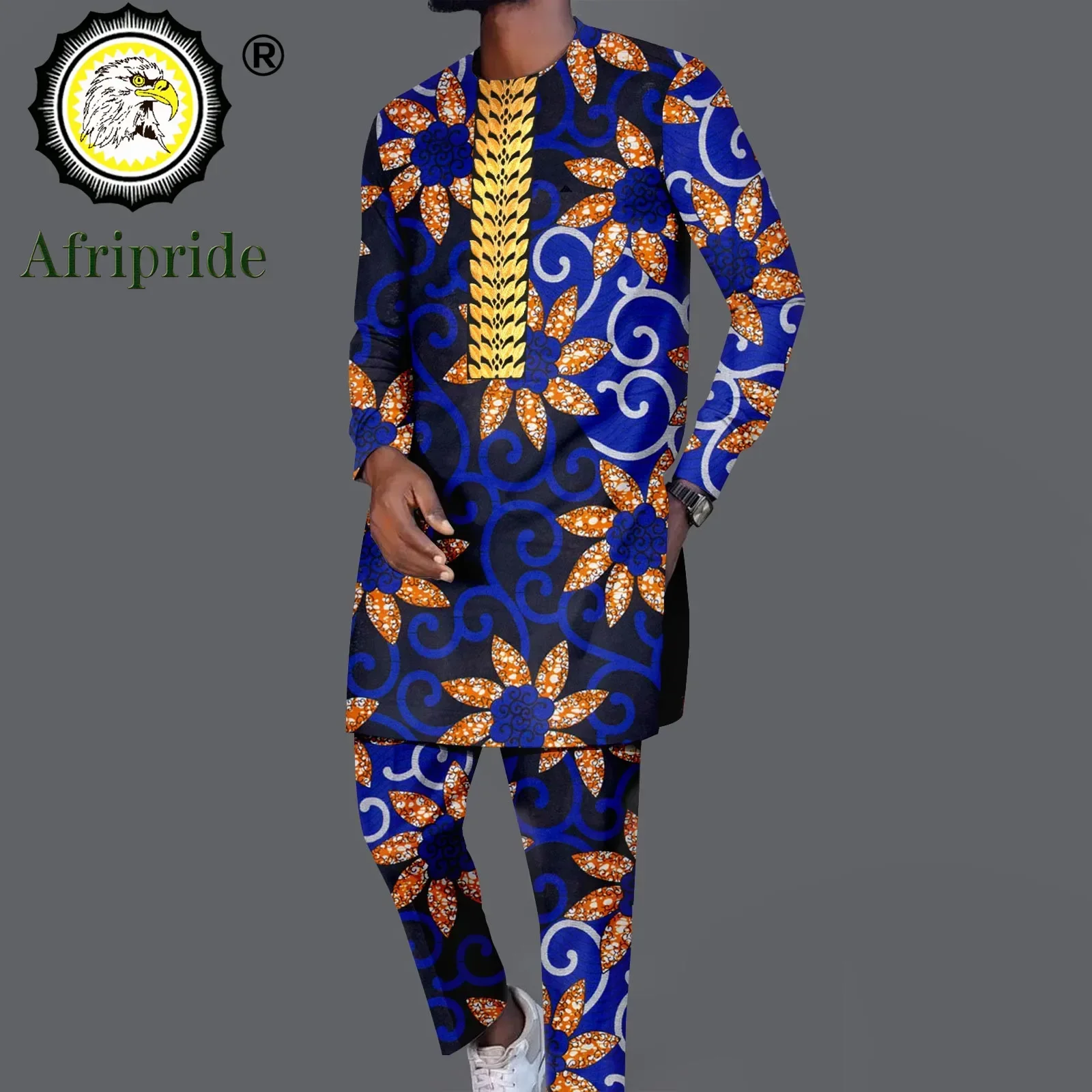 African Suits for Men Tracksuit Embroidery Long Sleeve Print Shirts and Pant 2 Piece Set Dashiki Outfits Plus Size A2316046