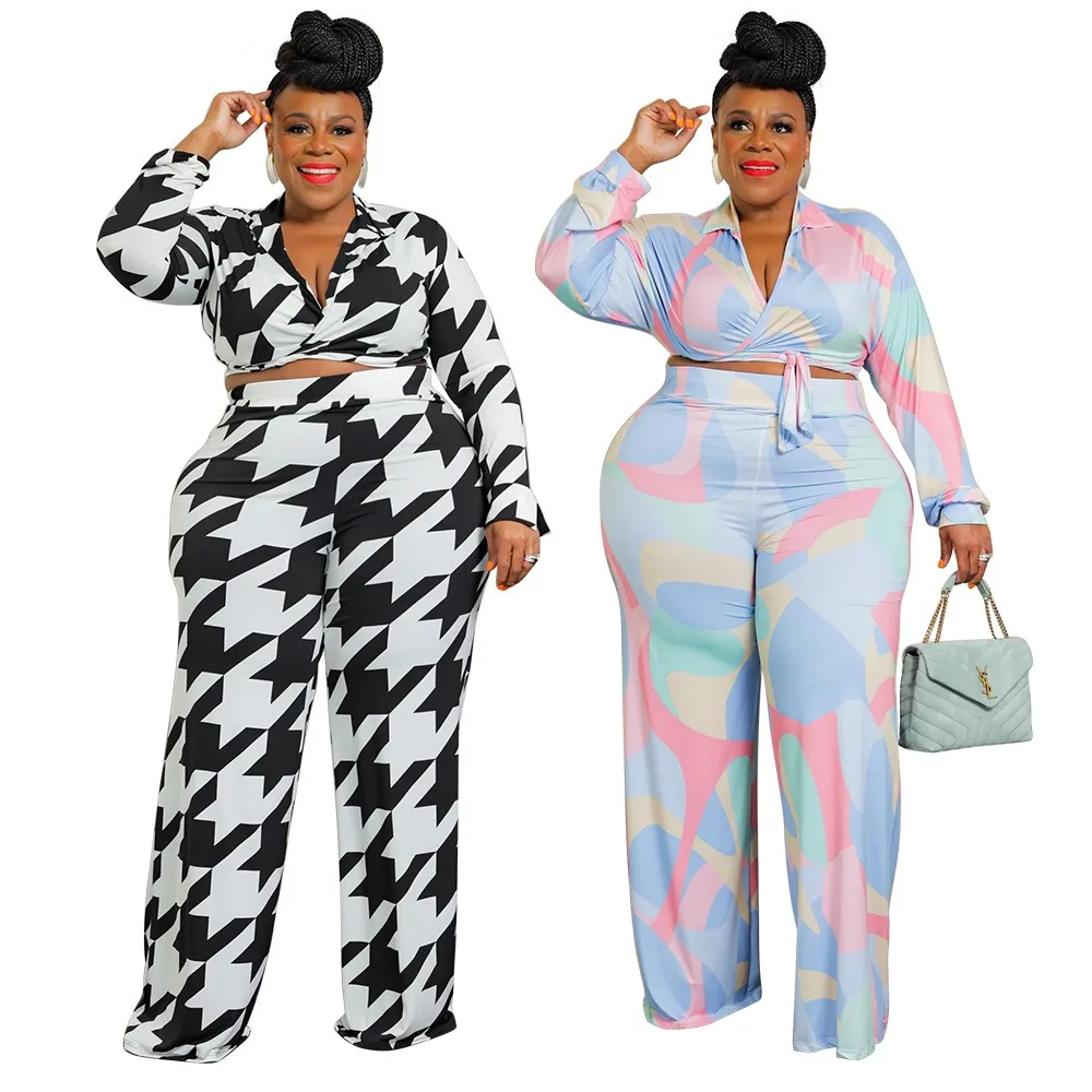 

L-5XL African Winter New Fashion Plus Size Women Clothing Two Piece Sets 2024 Long Sleeve Printing Wide Pant Suits Dropshipping