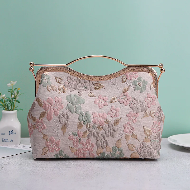 Bolsa de flores clássica oca para mulheres, bolsas de casamento, franja borla, fechadura de corrente artesanal, bolsa vintage, bolsa rosa