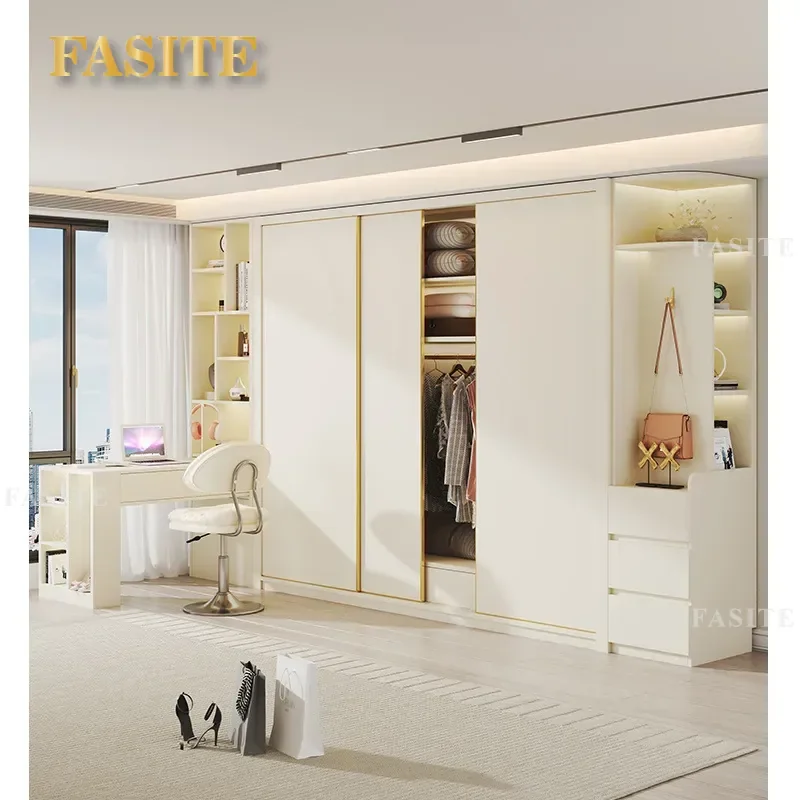 European Pine Board Warm White Sliding Door Wardrobe Desk Integrated Combination Cream Style Bedroom Home Solid Wood