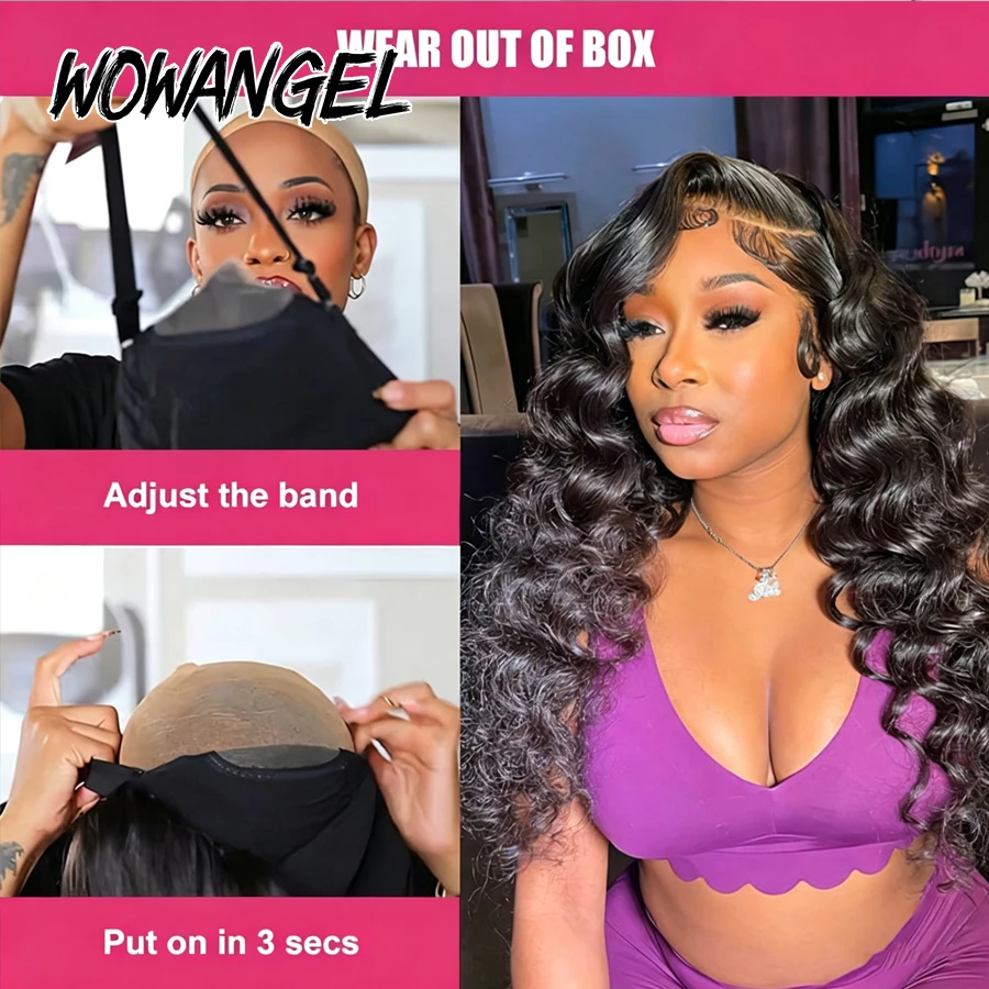 WOWANGEL Loose Wave Glueless Wigs Pre Cut 5x5 HD Lace Closure Wigs 100% Human Hair Pre Plucked Curly Wigs Pre Bleached For Women view 3