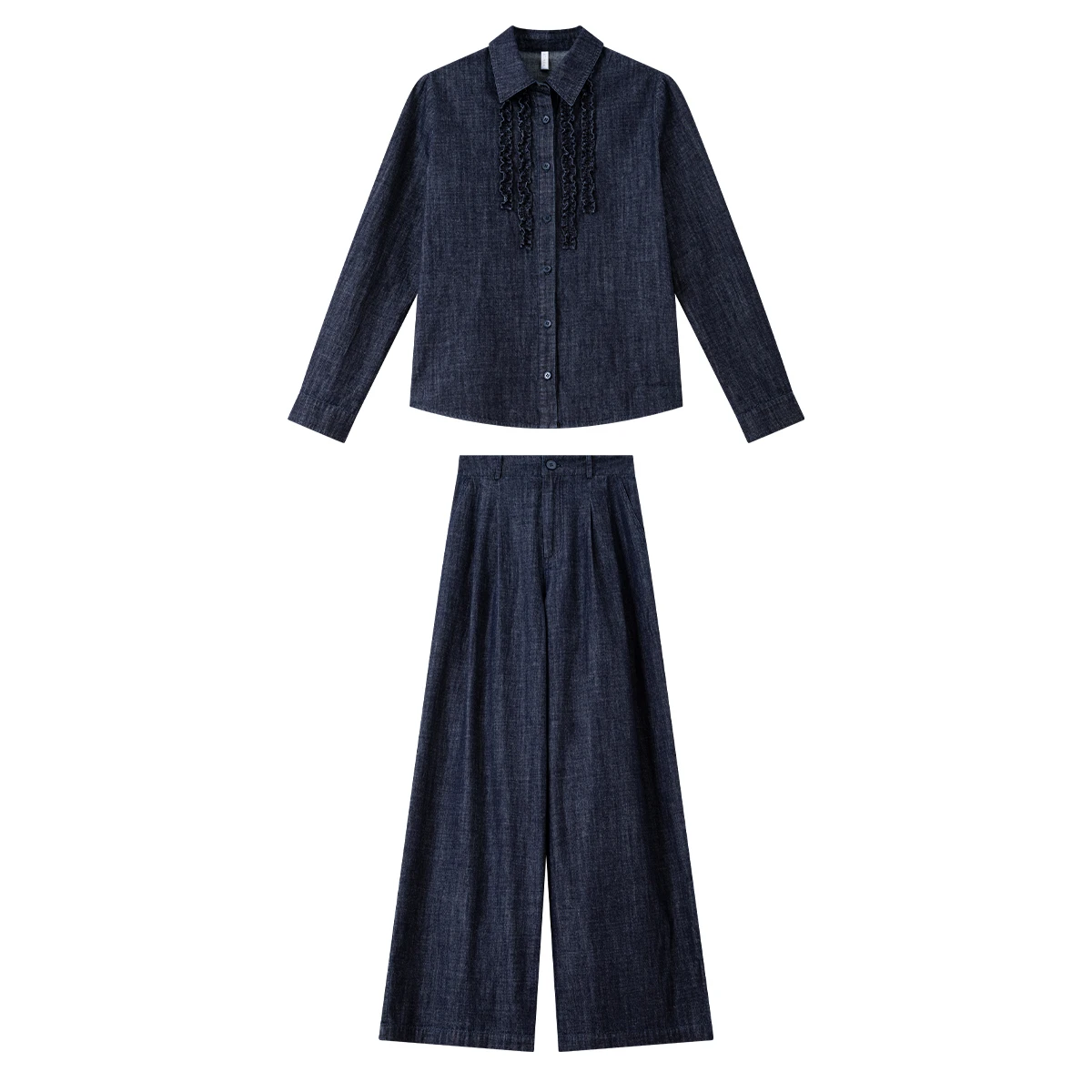 VIMLY Woman 2 Piece Blue Pant Sets Casual Pure Cotton Denim Spliced Polo Neck Shirts Wide Legs Pants Female Trouser Sets A2962