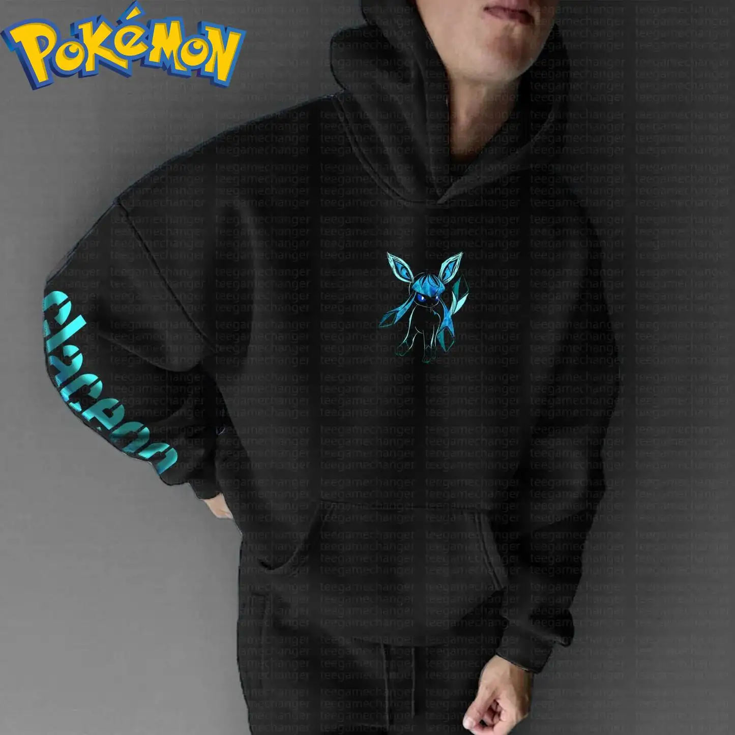 Pokemon Anime Jolteon Baumwolle Hoodie Harajuku Hosen Set Schwarz Blau Leuchtende Ohren Muster mit Stern Design Zweiteiliges Outfit Lässig