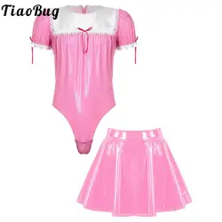 Men's Sissy Uniform Set Adult Maid Cosplay Costume Patent Leather Zipper Bodysuit Leotard with Flared Skirt Outfits Crossdresser