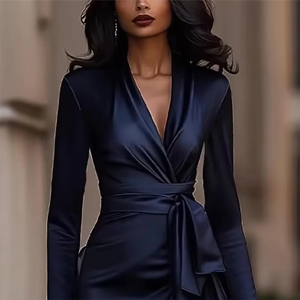 

Elegant Satin Women Evening Dress Long Sleeve V-Neck Lace-Up Irregular Ruffle Hem Maxi Dress High Street Party Prom Long Dresses