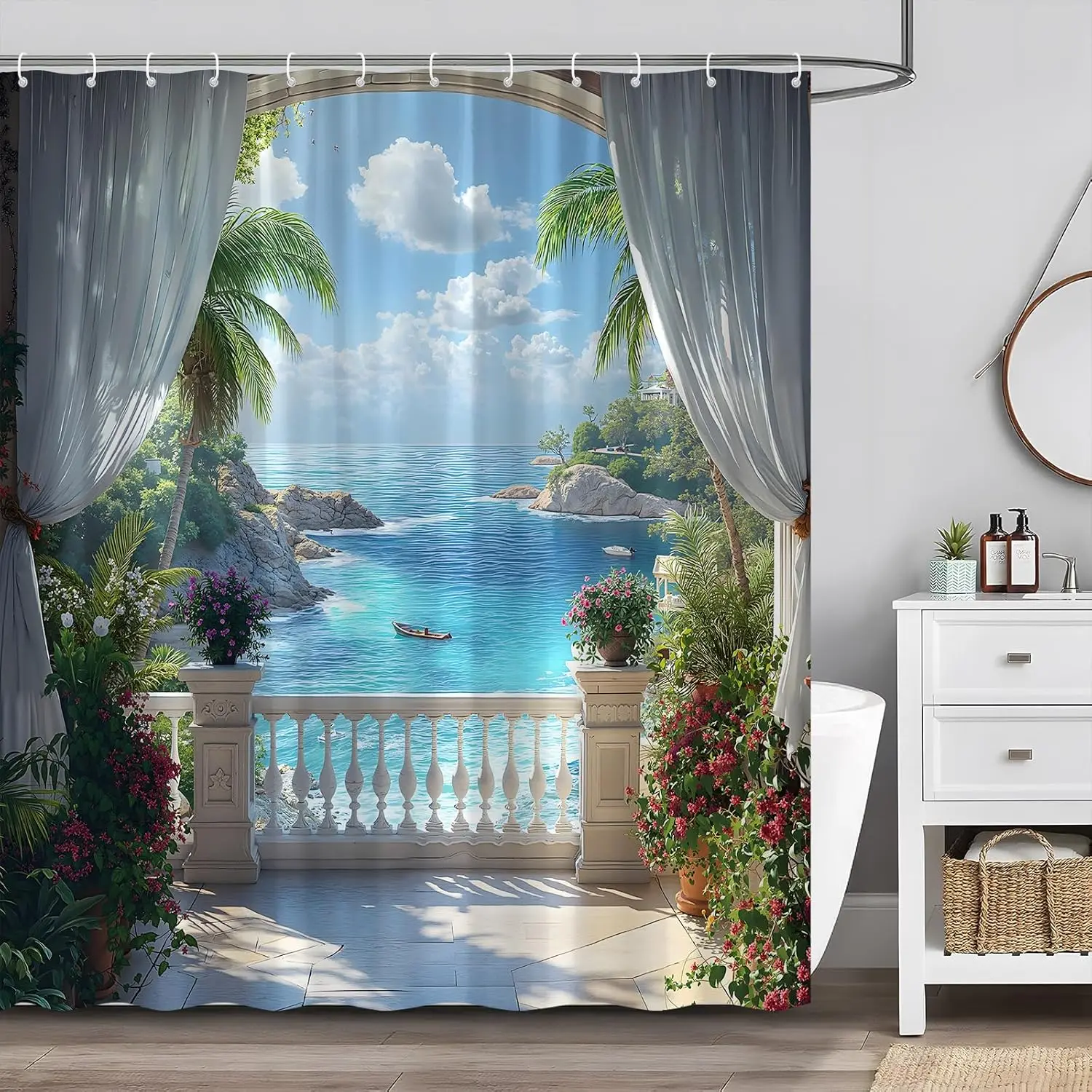 Mediterranean Tropical Beach Shower Curtain Coastal Seascape Palm Trees Blue Ocean Flower Hawaii Bathroom Decor Set Includes