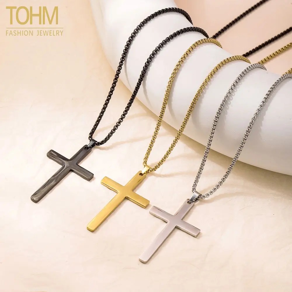 

TOHM Stainless Steel Smooth Cross Pendant Necklaces For Men Women Religion Belief Chain Fashion Charm Unisex Jewelry Minimalist