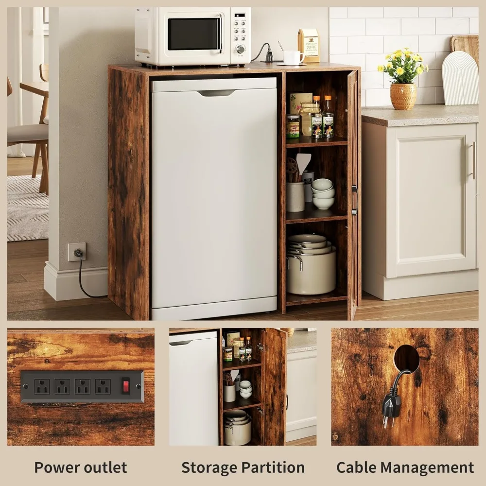 Mini Fridge Cabinet with Storage, Coffee Bar Cabinet with Power Outlet, Fits 24" Wine Fridge, 3-Tier Organizer, Refrigerator