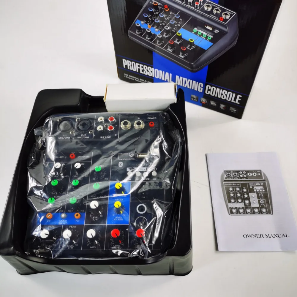 Mini Audio Mixer 4-kanaals geluidskaart Bluetooth Muziekconsole Power Stereo met netsnoer US PLUG DJ-apparatuur Geluidsmixing