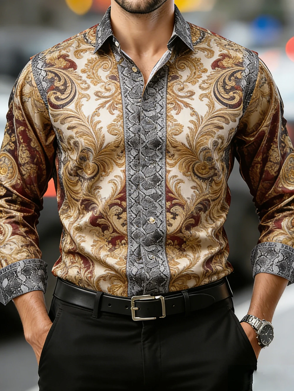 Luxury Men Lapel Collar Shirt Red‑Black Base Golden Scroll Floral Baroque Art Print Polyester Long‑Sleeve Blouse